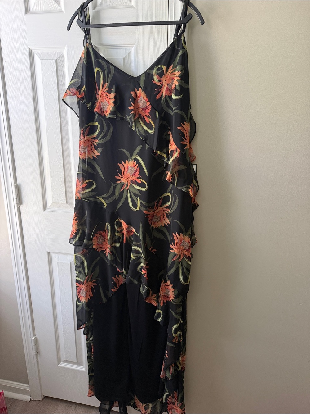 Taylor Black High-Low Slip Dress with Orange Floral Print